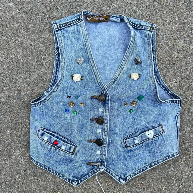Vintage Street Worn bow back acid washed denim vest rhinestone gem button detail