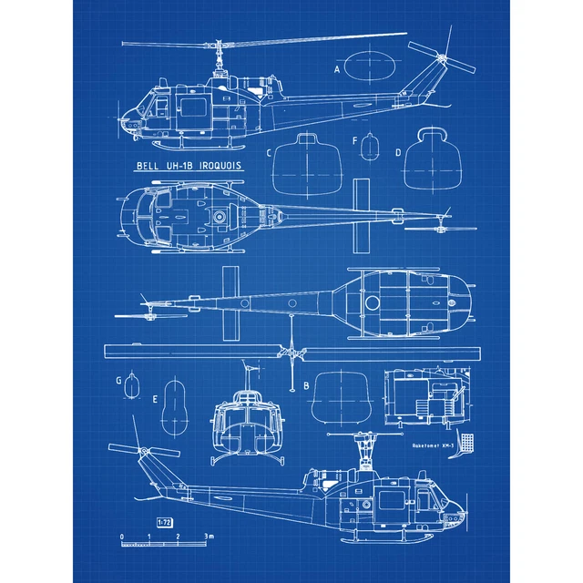BELL UH-1 IROQUOIS Military Helicopter Blueprint Plan Wall Art Canvas ...
