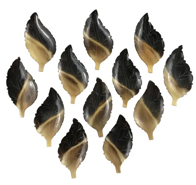 12 Water Buffalo Horn Carved Leaf Tidbit Plates Caviar Small 5.5 Inches Petite