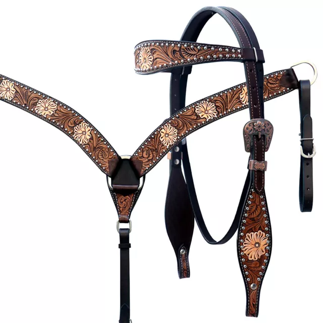 60CY Comfytack Floral Horse Western Leather Breast Collar & Headstall