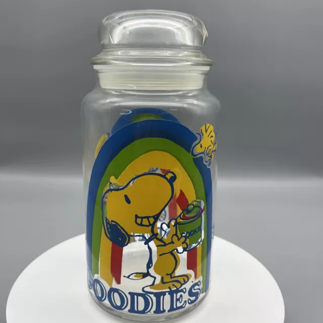 Vintage Peanuts Snoopy Woodstock Rainbow Goodies Glass Candy Cookie Jar