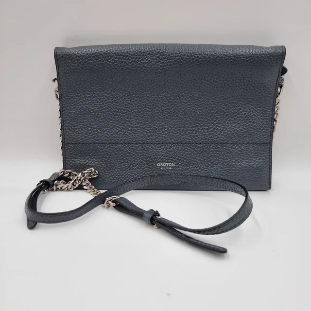 OROTON AVALON CHARCOAL Grey Leather Foldover Crossbody Shoulder