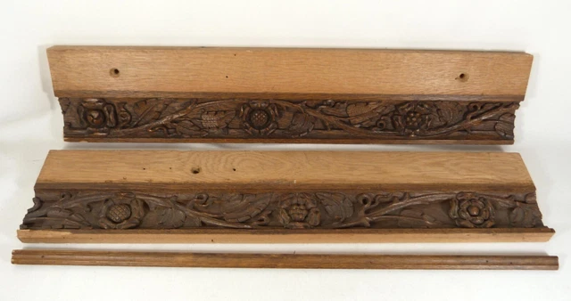 2 Antique Hand-Carved Oak Architectural Salvage Trim Pieces Floral/Leaf 24 x 5" 2