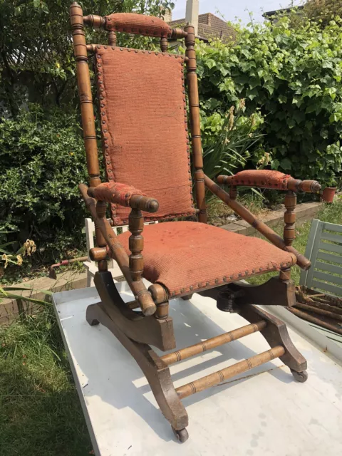 Antique Edwardian American Turned Sprung Rocking Chair Ideal Restoration Upcycle