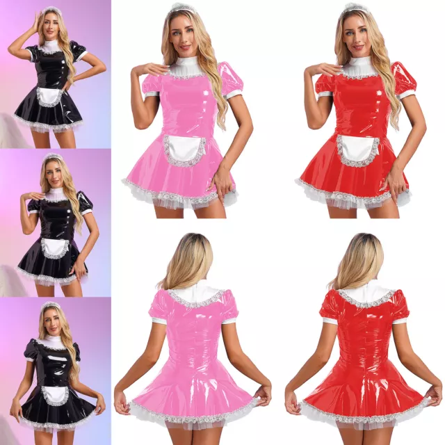 Sexy French Maid Kostüm Cosplay Dienstmädchen Minikleid mit Schürze Stirnband