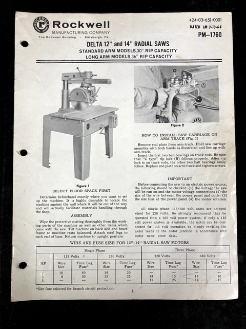1964 Original Rockwell Delta 12" & 14" Radial Saws Owner's Manual & Parts List