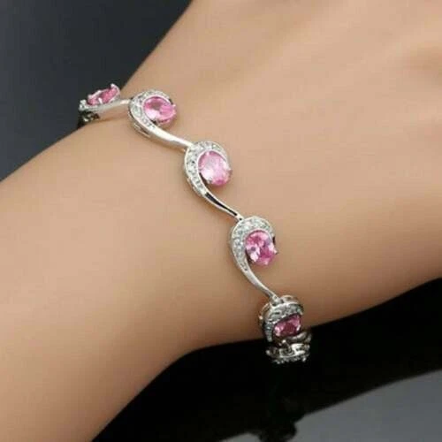 Oval Cut Lab Created Sapphire & Diamond Women's Bracelet 14K White Gold Plated