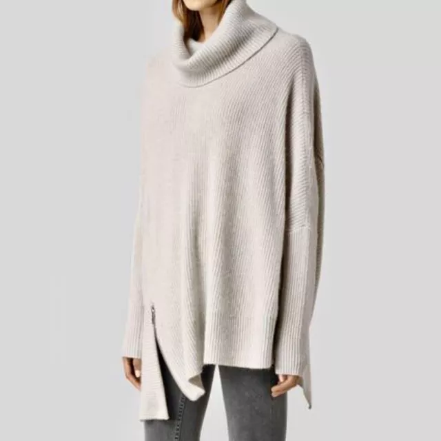 ALLSAINTS Wool Alpaca Able Roll Neck Asymmetrical Beige Pullover Sweater Small