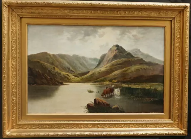 LARGE 19th CENTURY CATTLE WATERING in HIGHLAND LANDSCAPE Antique Oil Painting