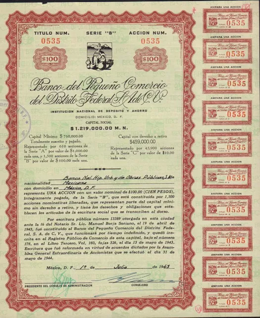 MEXICO / BANK : Banco del Pequeno Comercio del DF dd 1943  w/ 10 dividend coupon