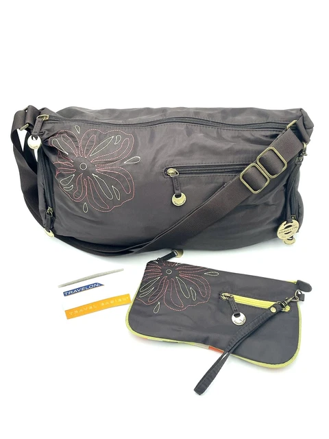 TRAVELON Brown Nylon Crossbody Shoulder Bag With Matching Wristlet Floral Travel