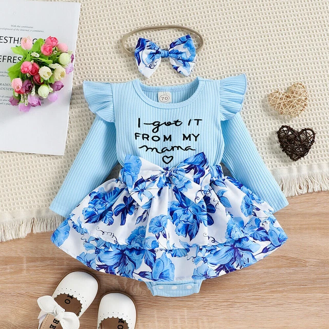 2PCS Newborn Baby Girls Floral Ribbed Romper Dress Headband Set Outfit Clothes 8