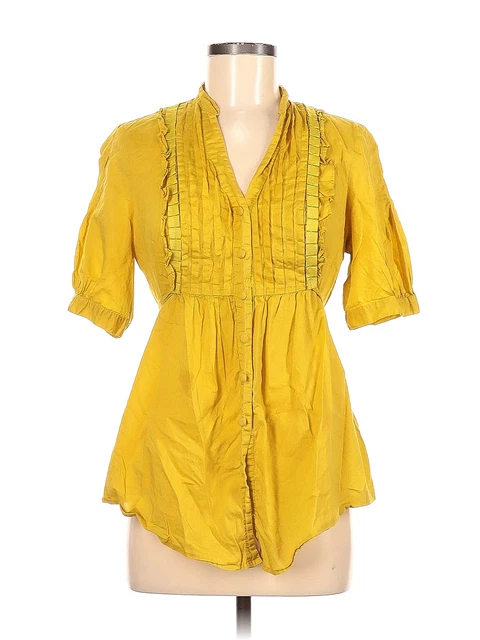 Elle Women Yellow Short Sleeve Button-Down Shirt M