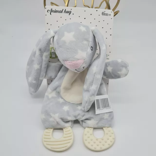 27 - Doudou Lapin Plat Blanc Gris Etoile Nez Rose Anneau Dentition Zd Neuf