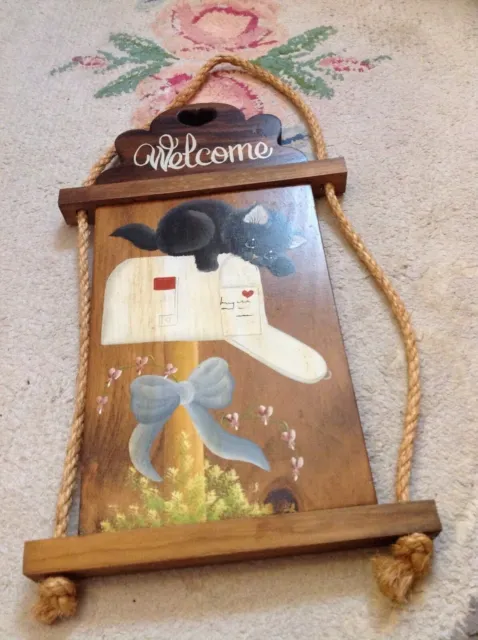Old VINTAGE WOOD Wall SIGN "Welcome Cat Mailbox Love~-Hearts&Bow Wooden Art Rope