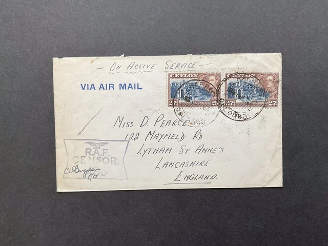 Postal History - Ceylon WW II Censored Air Mail To GB . Postal History - Ceylon WW II Censored Air Mail To GB .