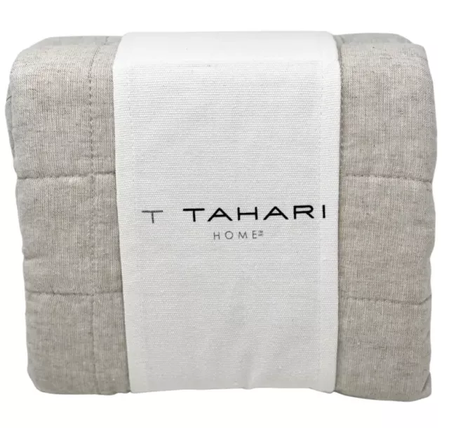 T TAHARI Set of 2 KING Linen & Cotton Designer Quilted Pillow Shams Oatmeal NEW