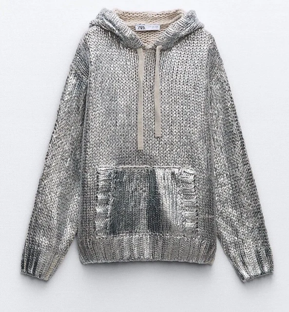 ZARA WOMAN NEW With Tags FW23 SILVER FOIL HOODED KNIT SWEATSHIRT