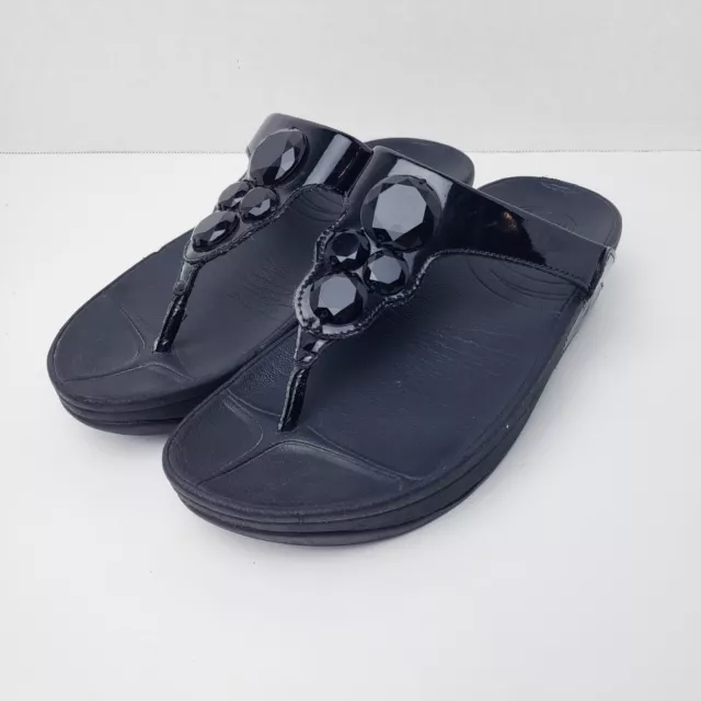 Fitflop Lunetta Black Patent Flip Flop Womens Size 5 Thong Sandal Jewels 181-001