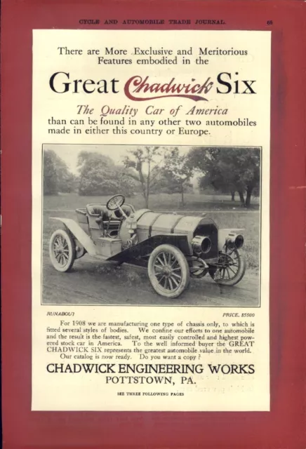 1907 PAPER AD CAR AUTO 4 PG ARTICLE Great Chadwick Six 1908 Automobile
