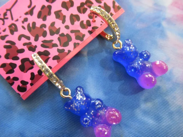 Betsey Johnson Gummy Bear Drop Earrings  Blue Purple Bears Crystal Hoop Earrings