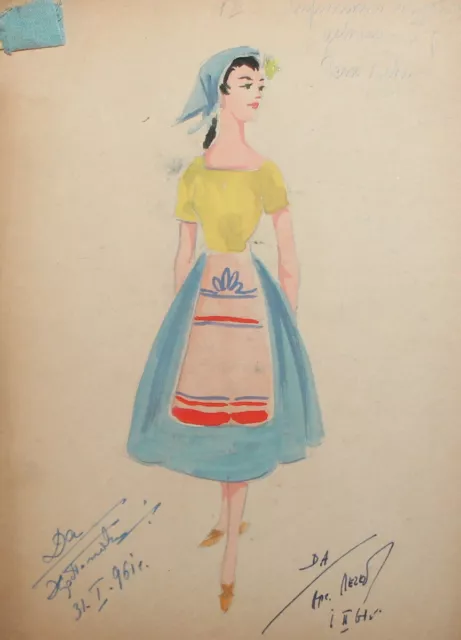 1961 Costume design girl portrait aquarelle dessin signé