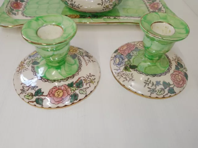 MALING Peony Rose/Green Waved Dressing Table Set 1930s-Tray,2xCandlesticks&Pot 2