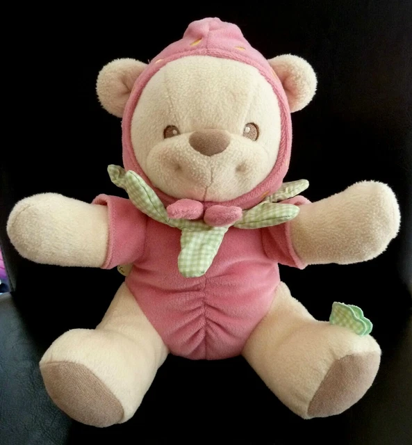 X6. DOUDOU PELUCHE FISHER PRICE OURS DEGUISE EN FRAISE ROSE NATURE 24cm ET NEUF*