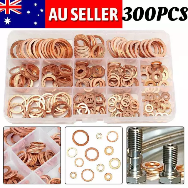 300PCS Copper Crush Washer Gasket For M5-M20 Kit Flat Ring Seal Assortment Set