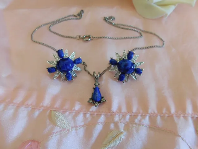 Sarah Coventry Blue Cabochon Rhinestone Clip on Earrings and Necklace