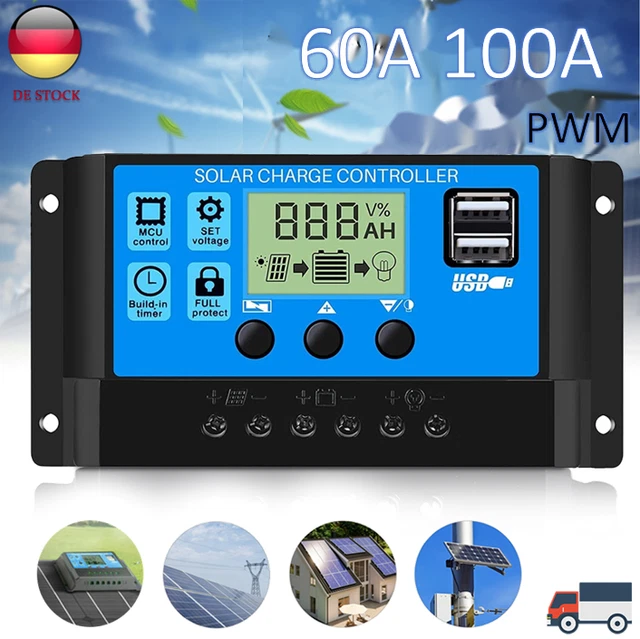 Regolatore di carica solare 60A 100A PWM solare fotovoltaico regolatore di carica Daul USB 12V 24V