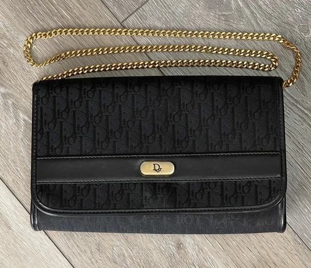 VINTAGE CHRISTIAN DIOR Black Canvas Trotter Logo Chain Strap Flap 2Way