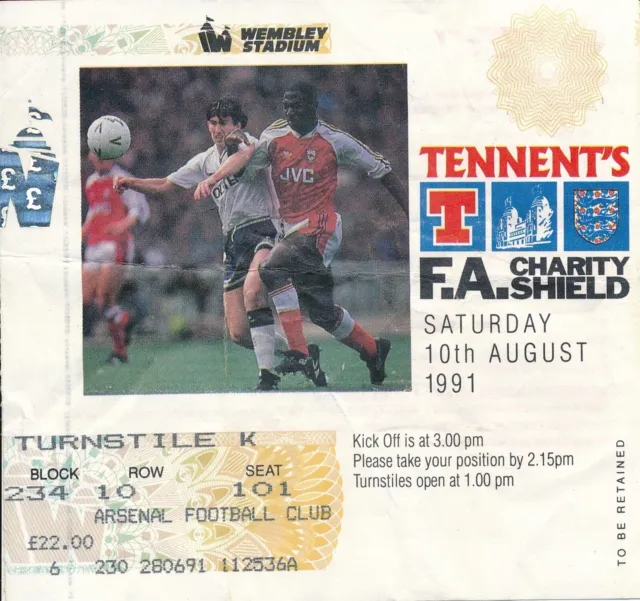TICKET: FA CHARITY SHIELD 1991 Tottenham v Arsenal - Arsenal end