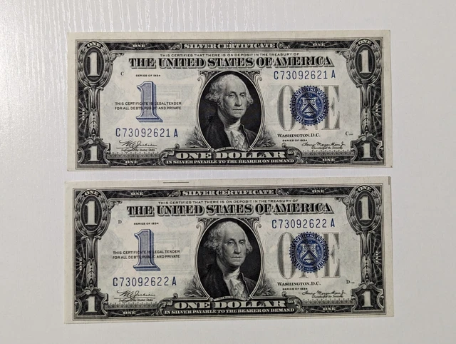 1934 (2) One Dollar Silver Certificates Uncirculated Consecutive Serial Numbers