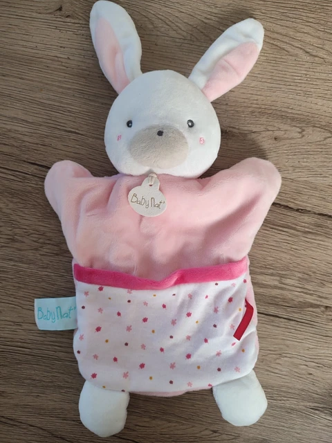 Doudou marionnette lapin rose blanc babynat happy together bn0592 etat neuf