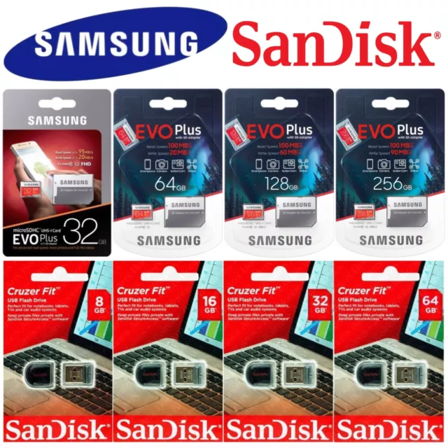 Carte Mémoire EVO Samsung 32 64 128 256 Go Gb Micro SDHC SDXC ou Clé USB SanDisk