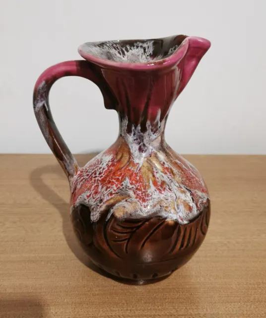 Vintage Vallauris French Pottery Jug Pitcher / Vase - Pink & Brown Drip Glaze 7" 2