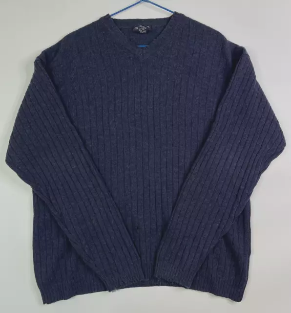 Gant 100% Lambswool Knit Pullover Sweater Mens Size S Blue Ribbed V-Neck Jumper