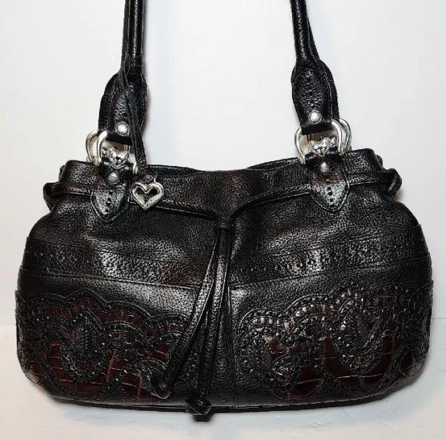 Brighton Lolita 3D Leather Applique Black W/ Bwn Accents Shoulder Handbag Mr$350