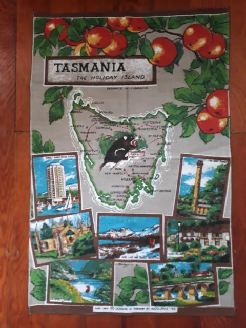 Vintage Souvenir Tea Towel Tasmania Pure Linen Design by Nucolorvue in Tasmania