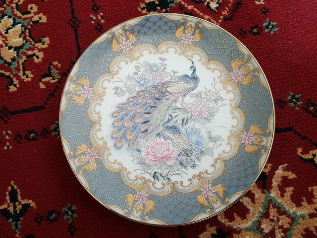 JAPANESE PORCELAIN 20.5cm DISPLAY CABINET PLATE PEACOCK BIRD PEONY GREY GILT