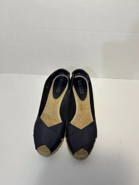 Lauren Ralph Lauren LRL Wedge Espadrilles Cecilia Navy Silk Peephole Size 8.5