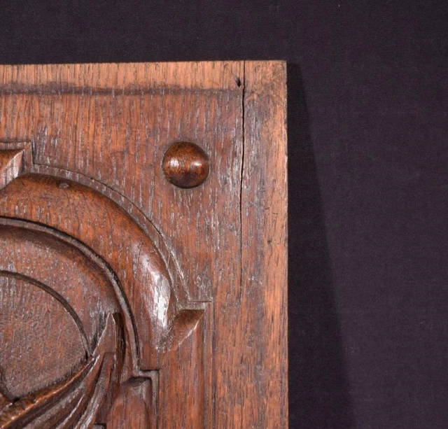 *French Antique Deeply Carved Oak Wood Panel with & Fish Hunting Salvage 11