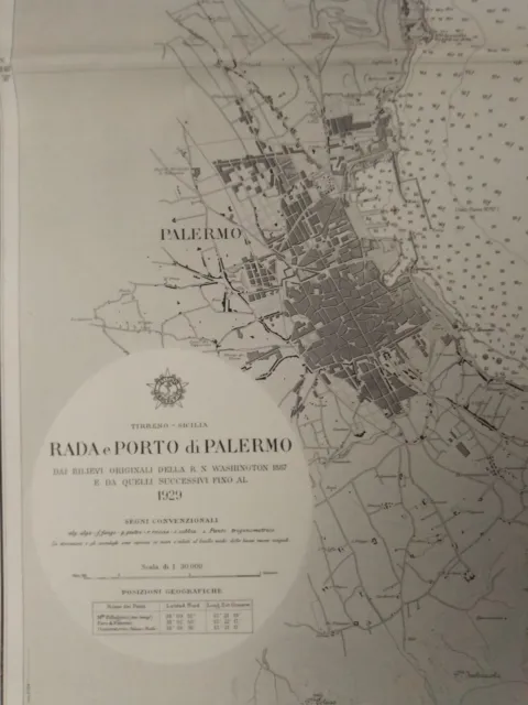 Antica mappa nautica rada e porto di Palermo 57x74 carta del 1938 agg. 1948