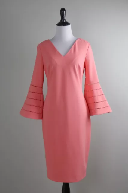 CALVIN KLEIN $129 Solid Pink Crepe Stretch Lattice Bell Sleeve Dress Size 8