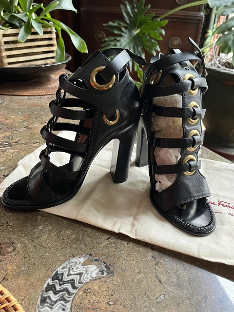 Salvatore Ferragamo Leather Black Gold Grommets Gladiator Heels Sandals 7.5 7 8