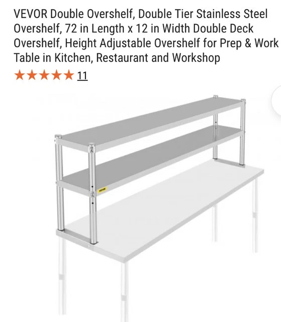 VEVOR Stainless Steel Commercial Wide Double Overshelf 72"X 12" for Prep Table