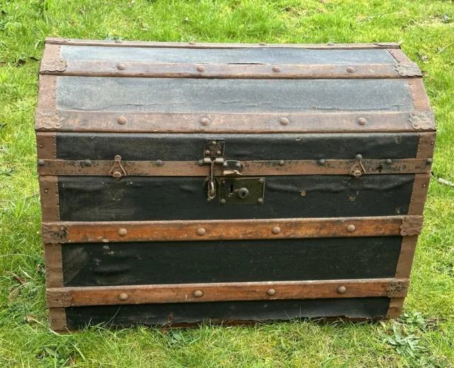 Antique Vintage Wood Banded Dome Top Steamer Trunk / Storage Chest / Tray Shelf