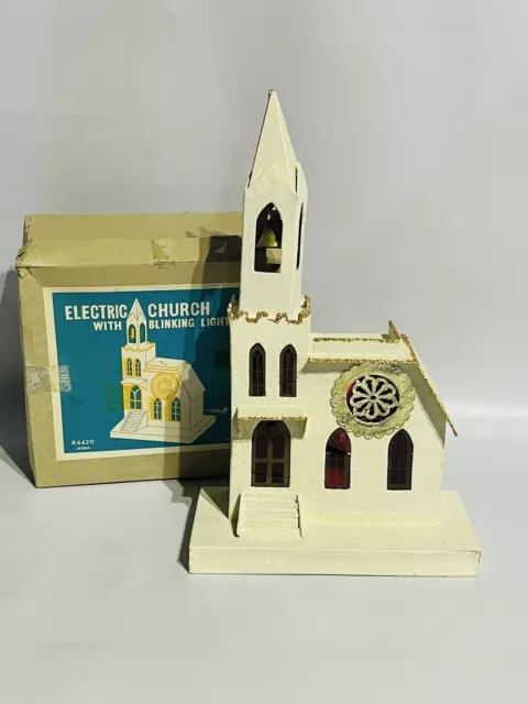 Vintage Putz Paper Christmas Church House Japan Electric Light Original Box