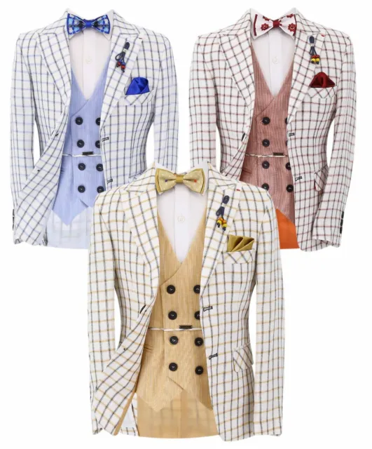 Boys Check Blazer Waistcoat Suit Slim Fit 2 Piece Wedding Formal Retro Set